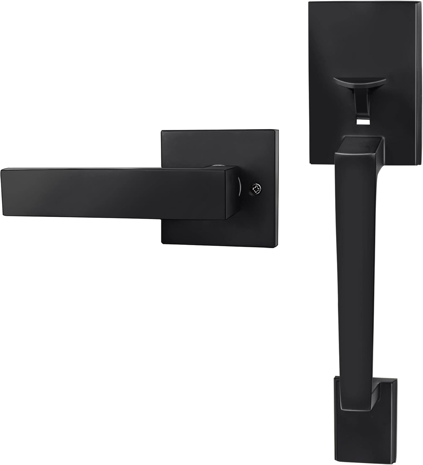 Azdele Front Door Handleset Black Entry Door Handle Set with Door Lever for Right and Left Handed Sided Doors, Single Cylinder Door Handle Set with Lower Half Lever, Matte Black