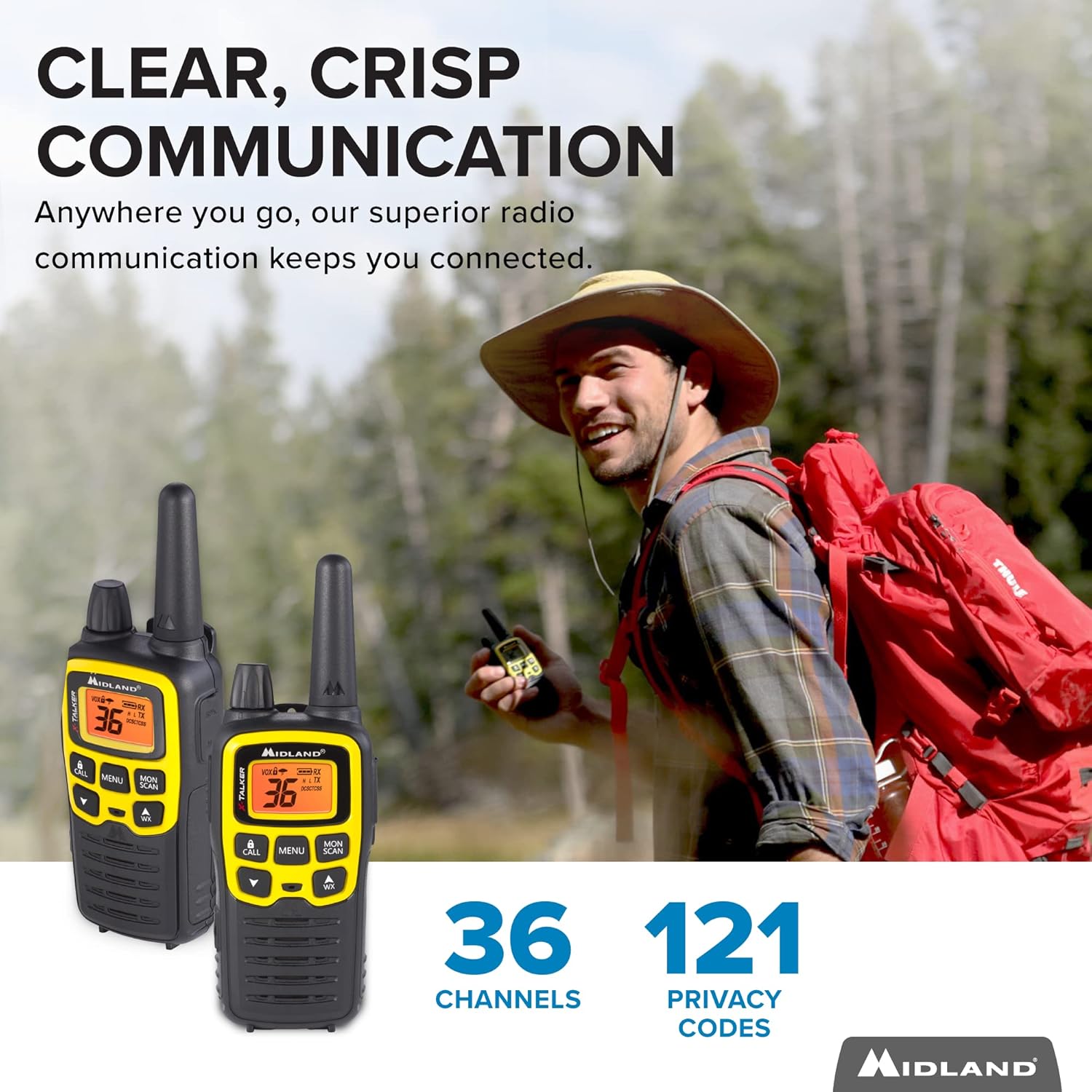 Midland X-TALKER 36 Channel FRS Two-Way Radio - Long Range Walkie Talkie, 121 Privacy Codes, & NOAA Weather Scan + Alert (Black/Yellow, 2-Pack) Pack of 2