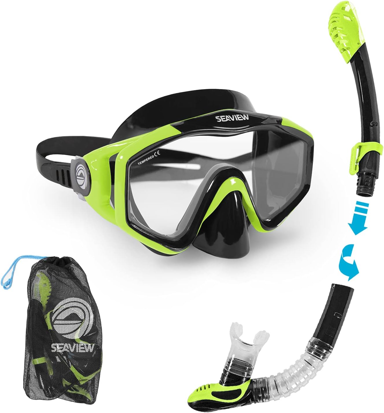 Seaview 180° Kradan Snorkel Set. Wide View Panoramic Tempered Glass Diving Snorkel Mask w/Adjustable Strap & Dry Valve Collapsible Swim Snorkel. Durable Travel Collapsible Snorkeling Gear for Adults Pack of 2