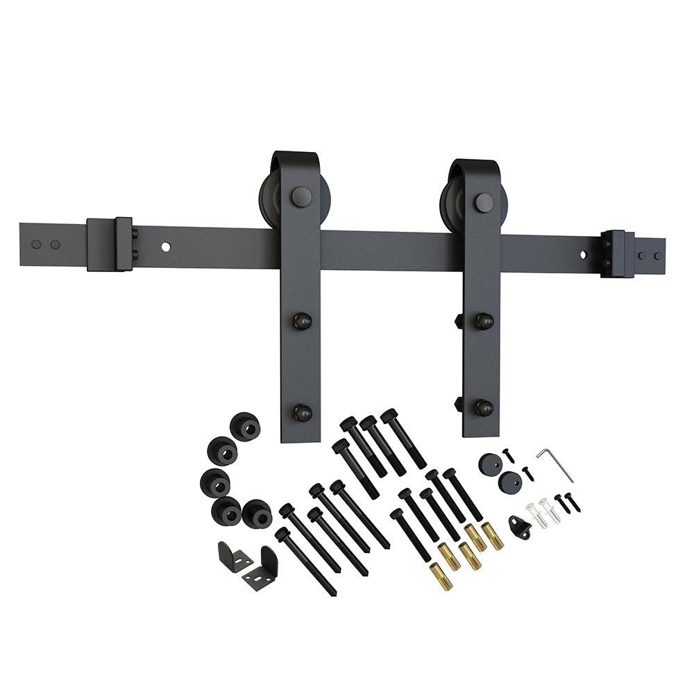 American Pro Decor 78 in. Black Solid Steel Rolling Barn Door Hardware Kit for Single Wood Doors with Non-Routed Adjustable Floo
