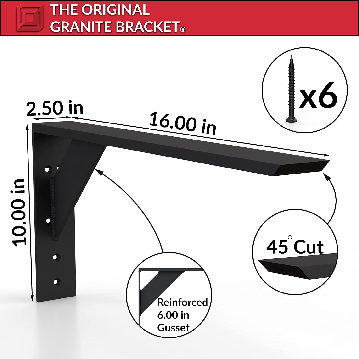 Solid Heavy Duty Steel Shelf Bracket, 1 Count, 16 inch X 10 inch, DIY Projects, Made with American Steel, Hardware Included by Original Granite Bracket Pack of 2