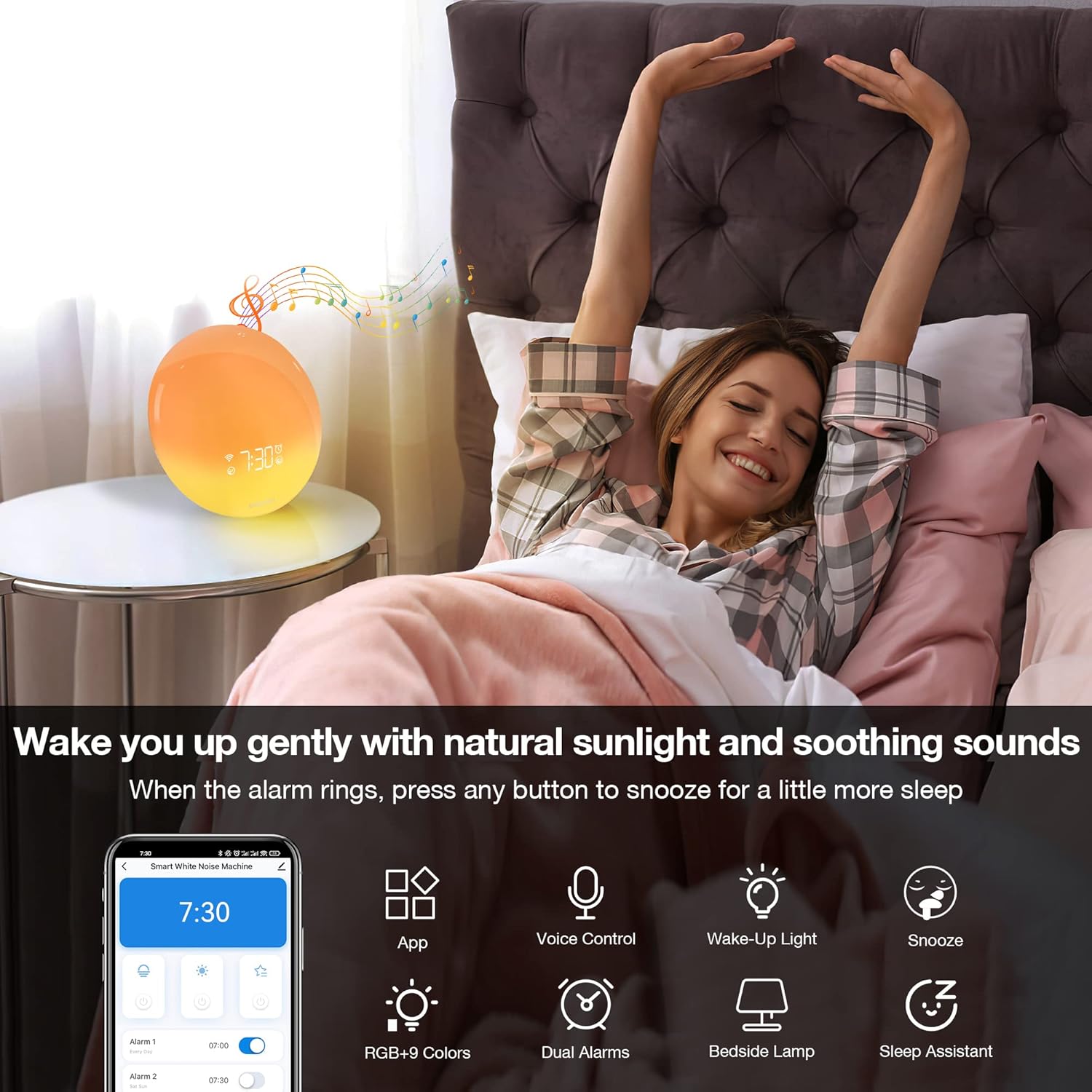Wake Up Light Alarm Clock with Sunrise/Sunset Simulation, Work with Alexa, Dual Alarms Snooze White Noise Machine Sleep Aid Sound Machine,16 Natural Sounds 9 Lighting Effects for Heavy Sleepers Kids
