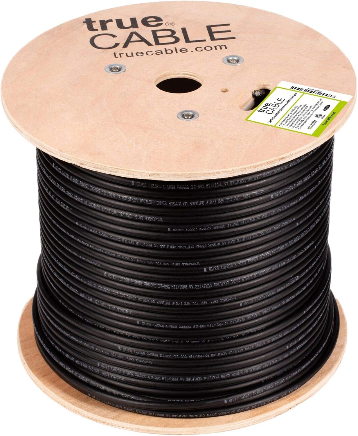 trueCABLE Cat6 Outdoor W/Messenger, Shielded FTP, 500ft, UV, Aerial, CMX, Black, 23AWG Solid Bare Copper, 550MHz, ETL Listed, Bulk Ethernet Cable