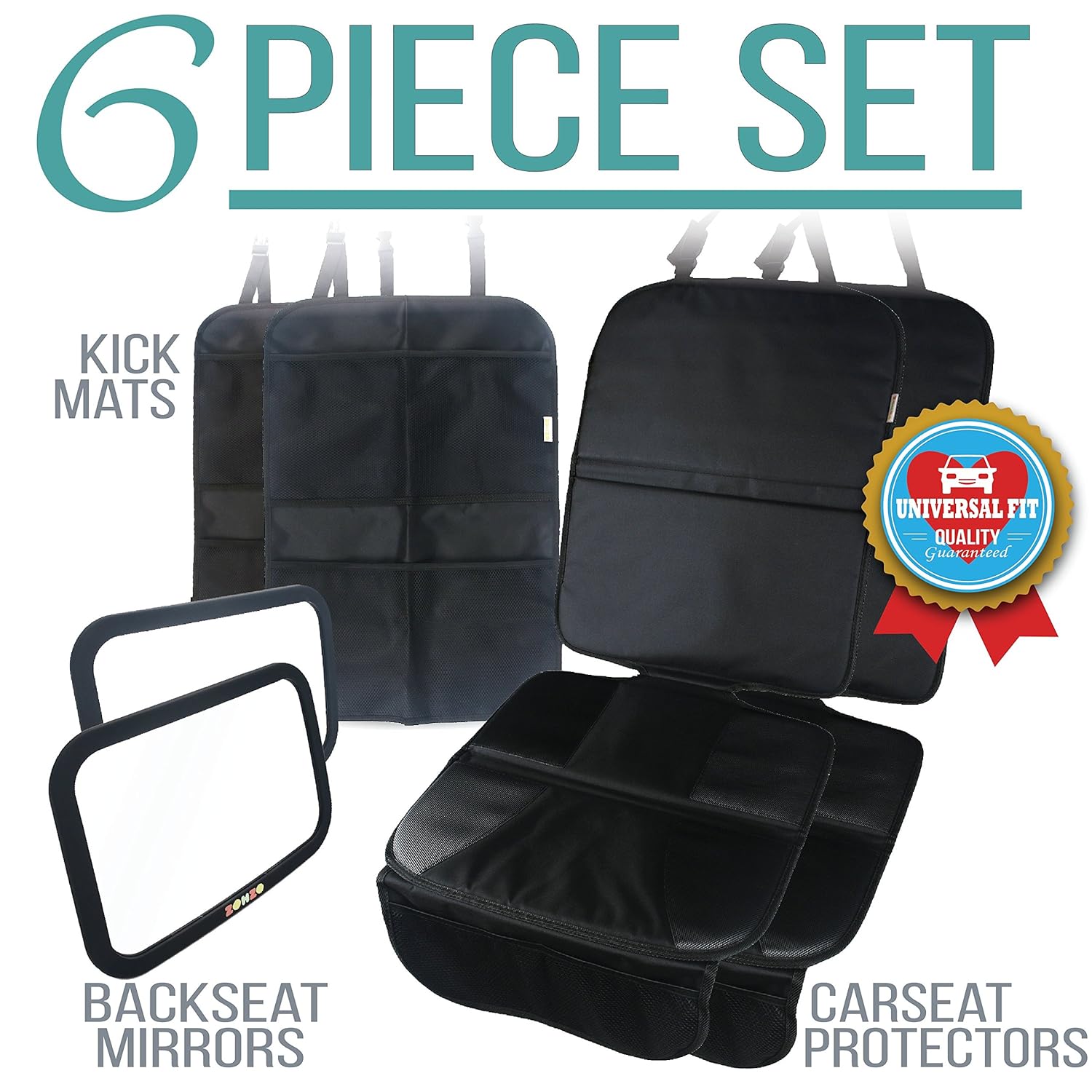 Zohzo Double Baby Car Bundle - Car Seat Protector Cover, Baby Car Mirror, Kick Mat Organizer for Baby Shower, New Infants, and Rear Facing Car Seats