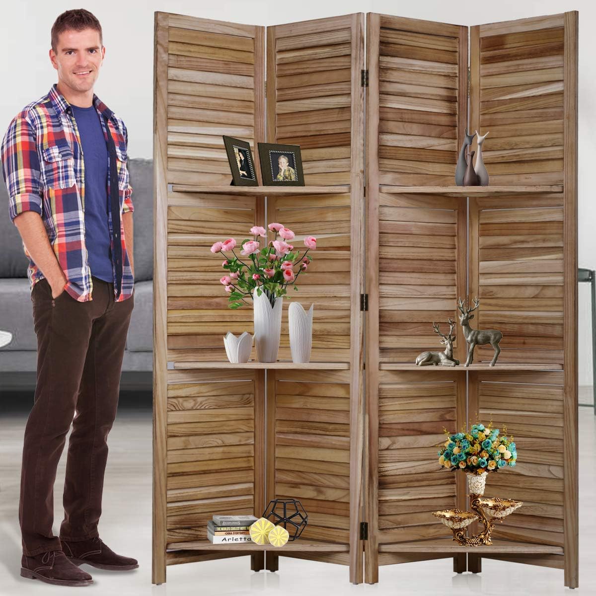 Room Dividers and Folding Privacy Screens 4 Panel 69 Inch Tall Portable Room Seperating Divider w/ 3 Display Shelves Solid Wood Room Partitions and Dividers Freestanding for Home, Office, Restaurant