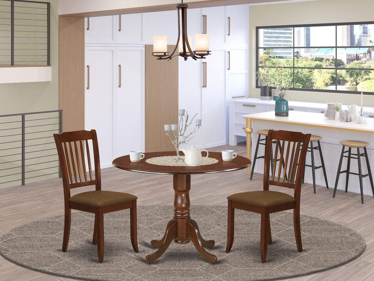 5Pc Dining Set Includes a Round Dinette Table with Drop Leaves and Four Vertical Slatted Microfiber Seat Kitchen Chairs, Black Finish