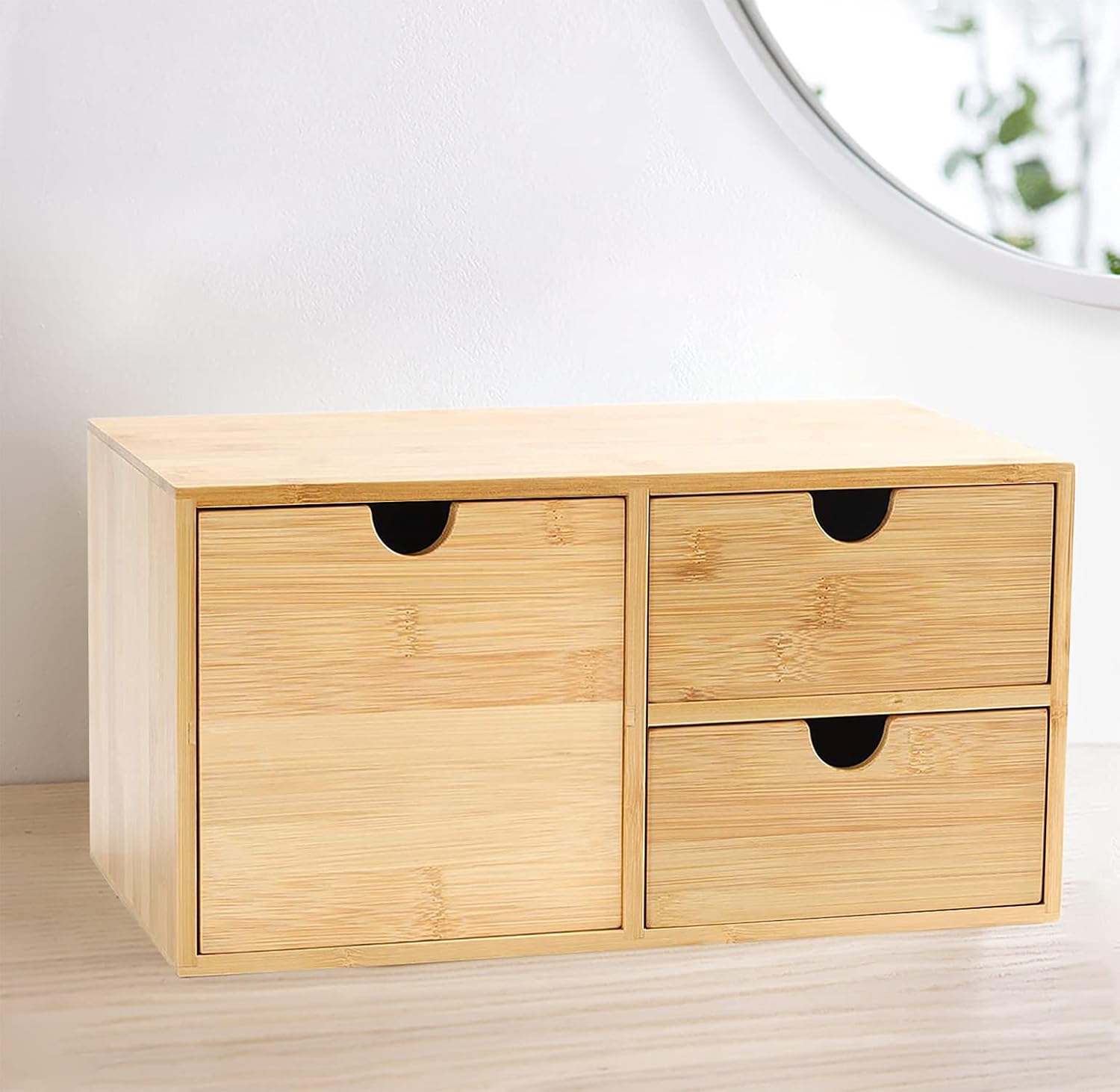 Wisdture Mini Storage Box with Drawers,Practical Office Storage Bins,Bamboo Desk Sets and Accessories Suitable for Office,Bedroom,Dressing Table,Large Desk Organizer(3 Drawer with Tall Drawer)