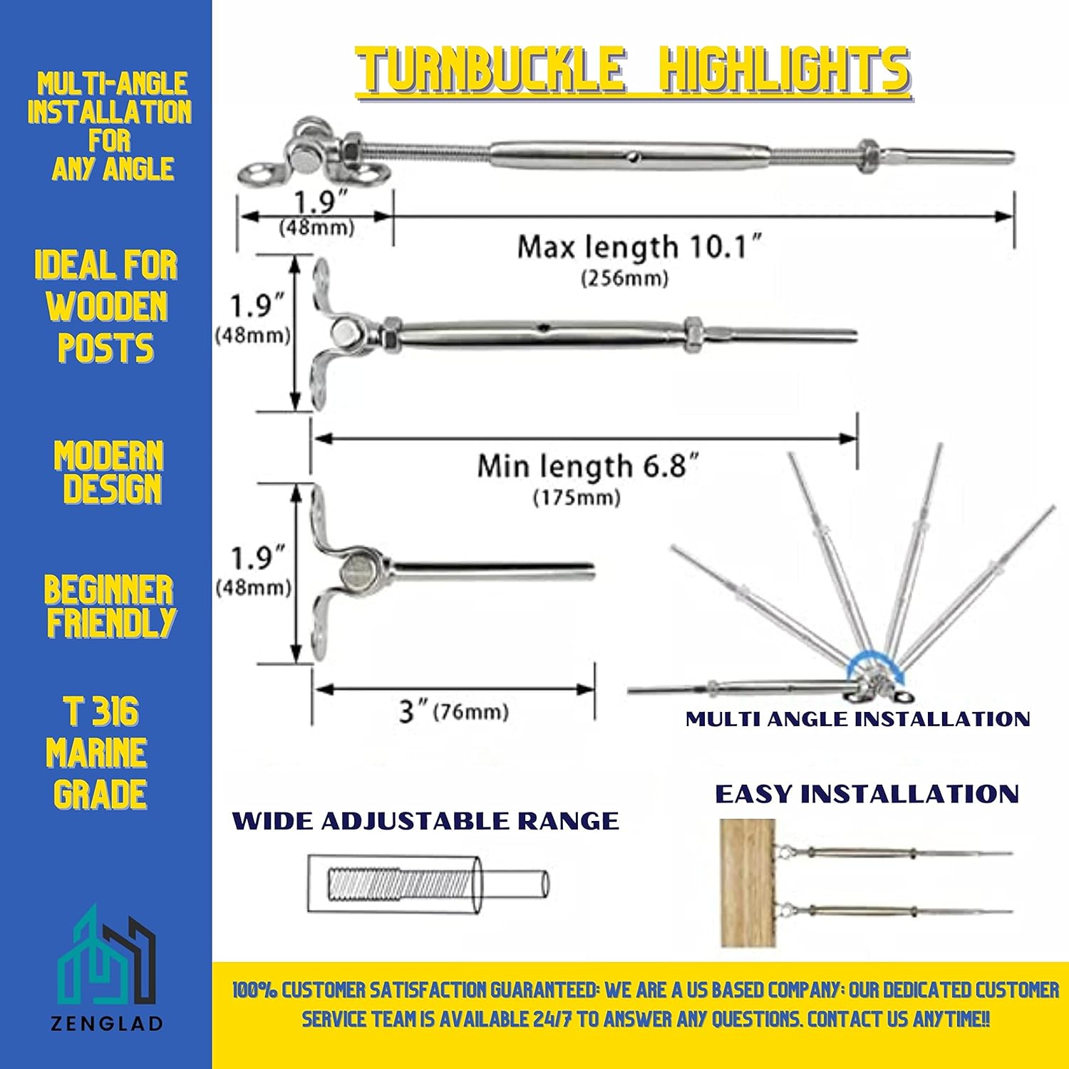 Zen-Glad 20 Pack T316 Stainless Steel 180&deg; Adjustable Angle Cable Railing Hardware Kit 1/8