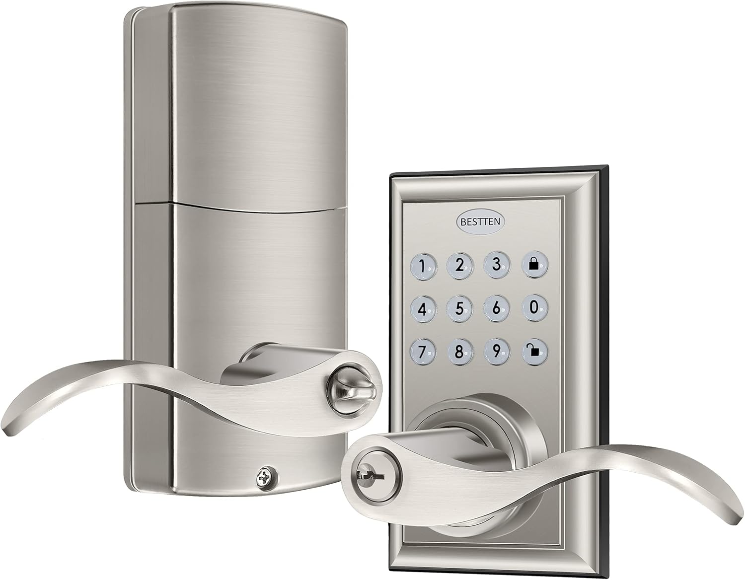 BESTTEN Contemporary Keyless Entry Door Lever with Electronic Keypad, Modern Programmable Door Lock with Auto Locking and 50 User Codes, Reversible Handles, Matte Black Pack of 2