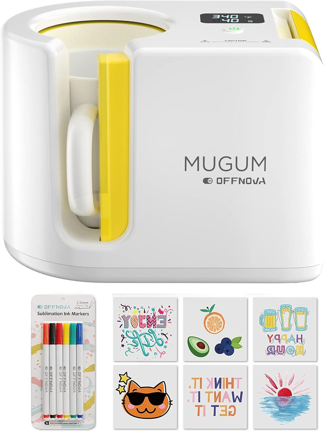 MUGUM Mug Heat Press, 500 W Sublimation Transfer Machine with LCD, Including 6 x Sublimation Ink Makers and 1 x Blank Mug, Bundle Design