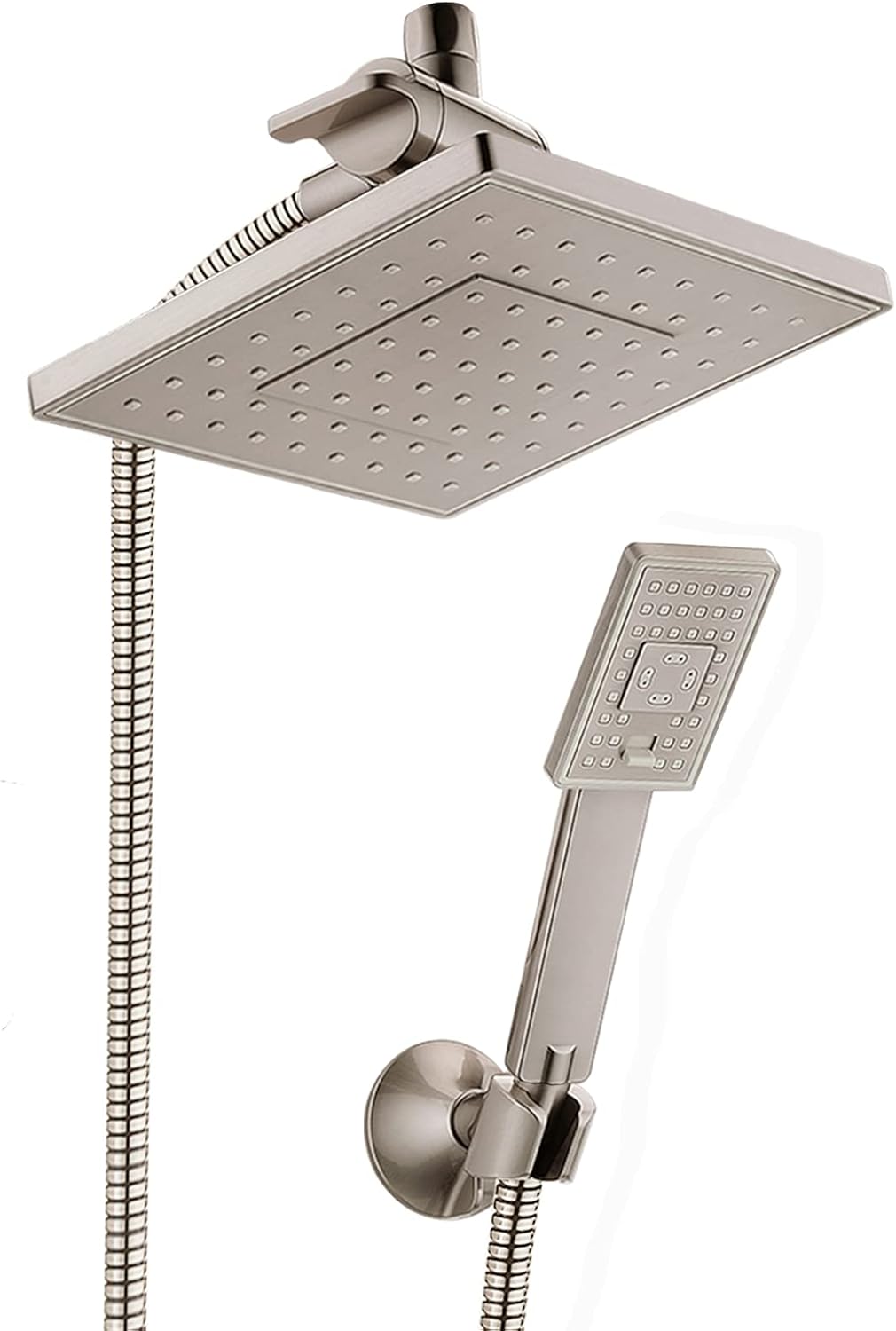 Rain Shower Head with Handheld Spray 5 ft. Shower Hose Combination Set Includes Wall Mount Suction Bracket 3-Way Water Diverter Mount (8 Inch Square, Chrome)