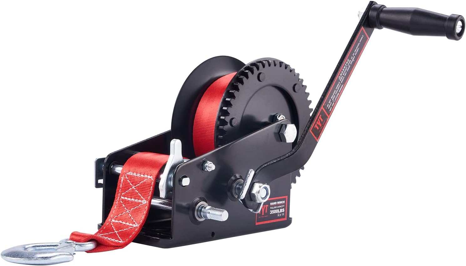 TYT 3500lbs Boat Trailer Hand Winch with 10m/32ft Black Strap, Hardened Steel 2 Gear Manual Crank Winch with Heavy Duty Hook for ATV RV Truck Marine Winch (3500lb with Black Strap Black Winch) Pack of 2