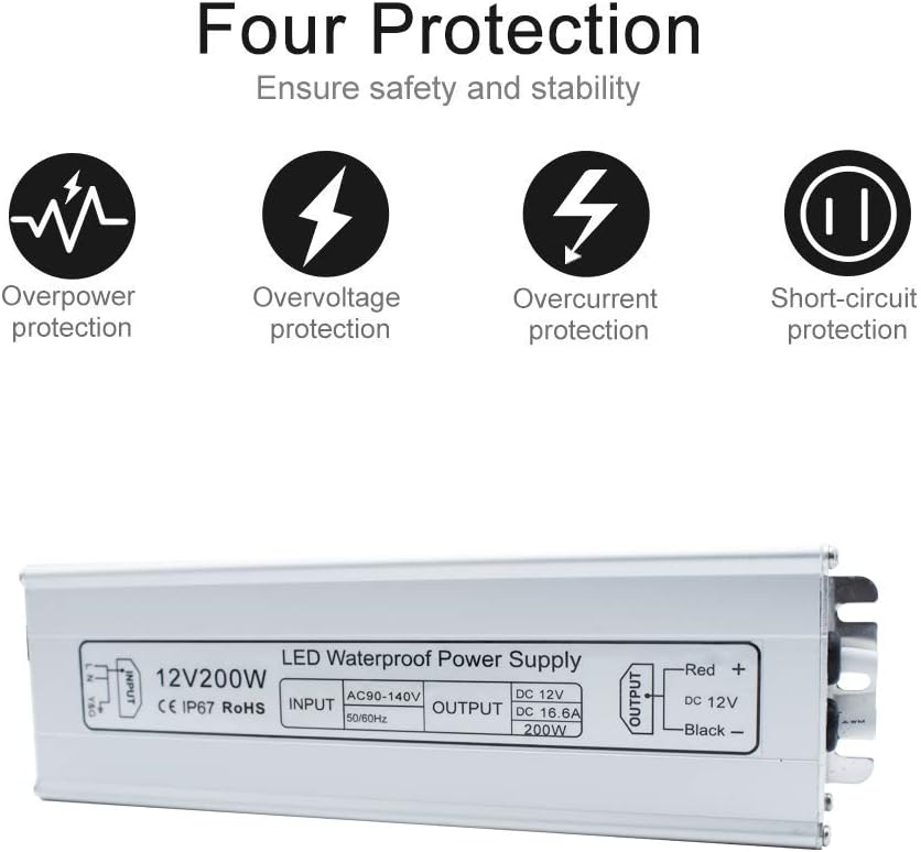 inShareplus LED Power Supply, 200W IP67 Waterproof Outdoor Driver,AC 90-265V to DC 12V 16.6A Low Voltage Transformer, Adapter with 3-Prong Plug for LED Light, Computer Project, Outdoor Use