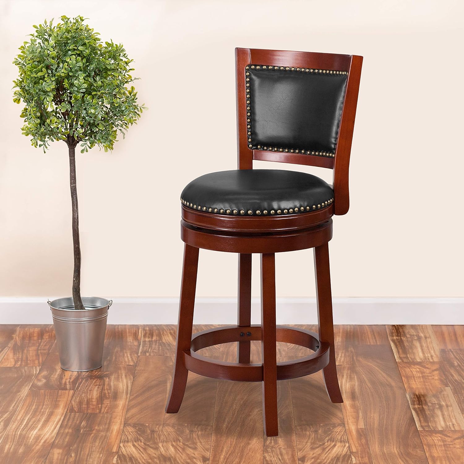 Flash Furniture 26'' High Dark Cherry Wood Counter Height Stool with Open Panel Back and Walnut LeatherSoft Swivel Seat