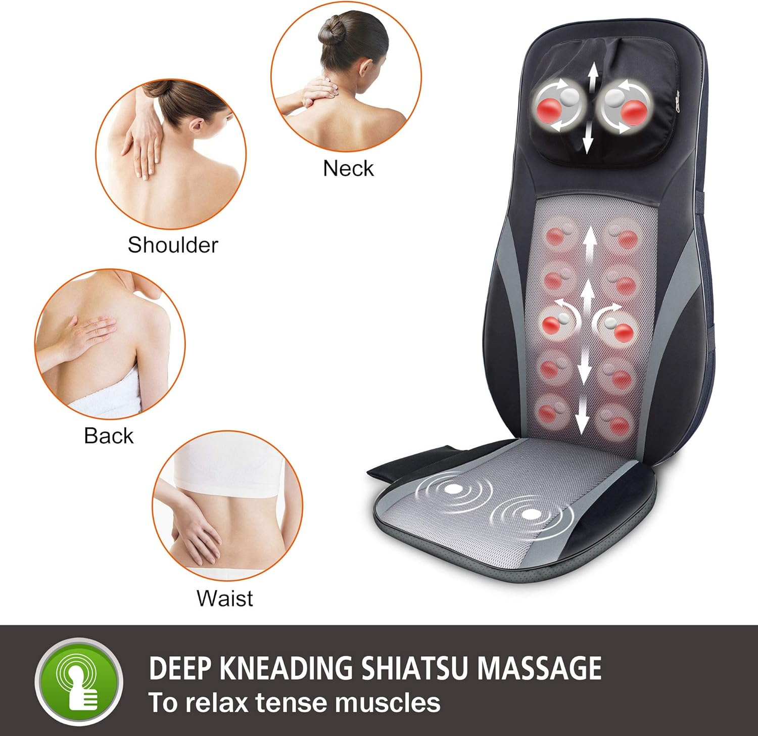 SNAILAX Shiatsu Back Massager with Heat -Deep Kneading Massage Chair Pad with Adjustable Intensity, Shiatsu Chair Massager to Relax Full Body Muscle