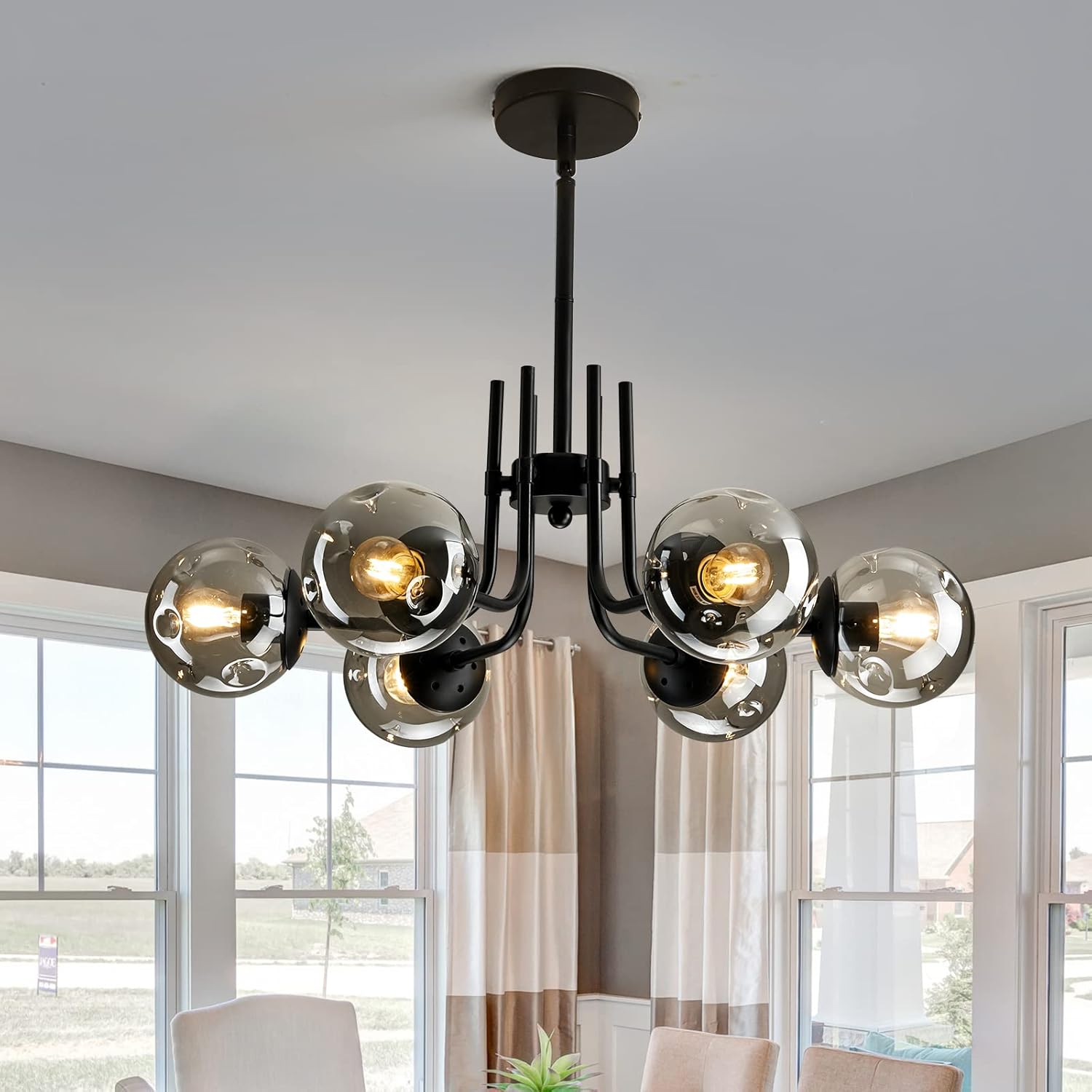 FGSADI 6-Lights Glass Globe Sputnik Chandelier，Modern Metal Ceiling Light Fixture， Black Semi Flush Mount Chandelier for Living Room Dining Room Bedroom Farmhouse Kitchen