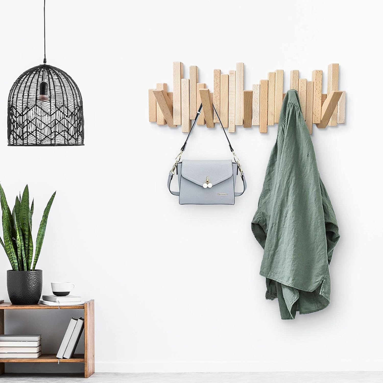 Desainoph Wooden Coat Rack Wall Mounted Sticks Multi Rack Solid Handmade Natural Wood Artwork with 5 Flip-Down Unique Modern Hooks for Coats Bag Hat Umbrella