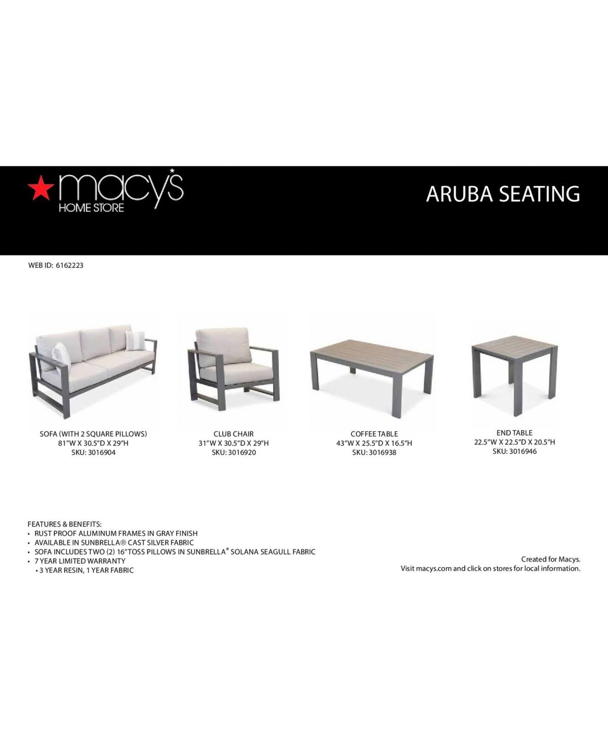 Aruba Gunmetal Aluminum End Table, Created for Macy&s - Gray