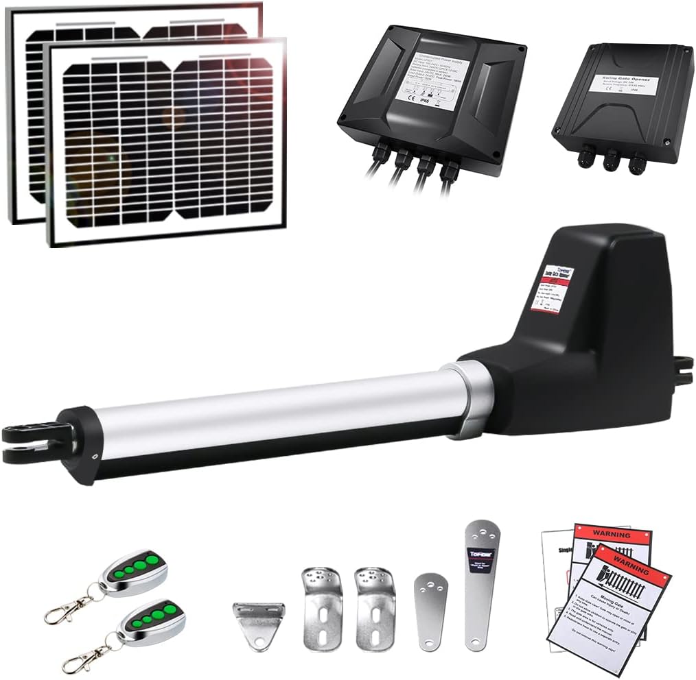 TOPENS AT6131S Solar Single Swing Gate Opener Medium Duty Automatic Gate Motor for Single Swing Gates Up to 18ft, Electric Driveway Gate Operator AC Powered with Solar Panel Remote Control Kit