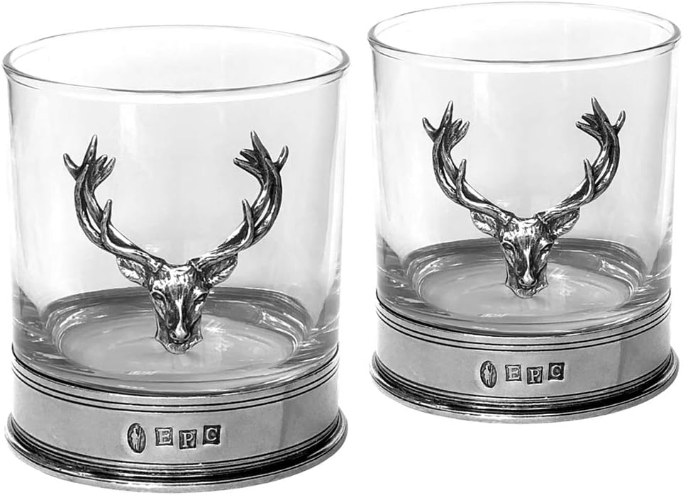 English Pewter Company 11oz Old Fashioned Whisky Rocks Glass Set With Pewter Stag Deer Head and Base [STAG105] Pack of 2