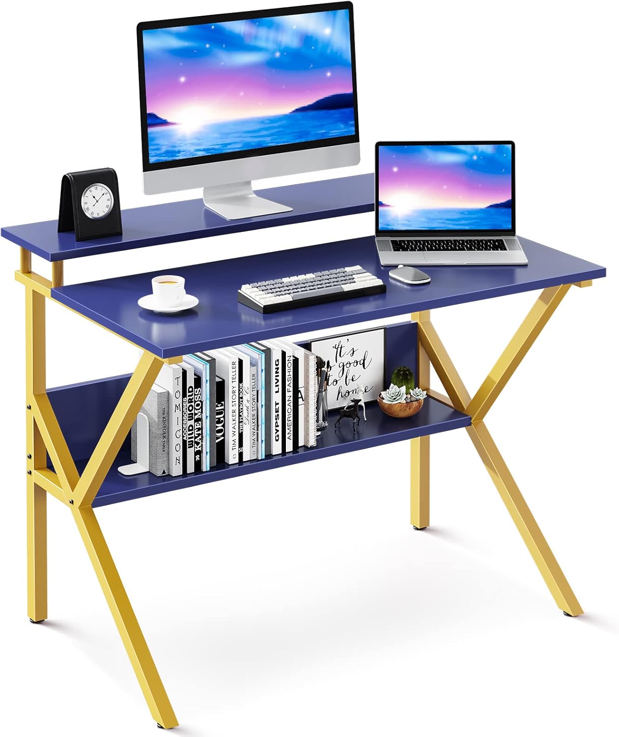 ODK Small Computer Desk, 27.5 inch Home Office Study Writing Table with Monitor Storage Shelf, Modern Simple Style Compact Laptop Desk for Small Spaces, Vintage Pack of 2