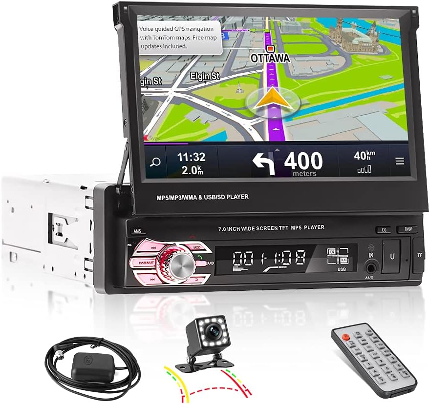 Bluetooth Single Din Car Stereo 7 Inch Retractable Touchscreen Car Radio with Backup Camera Support Mirror Link