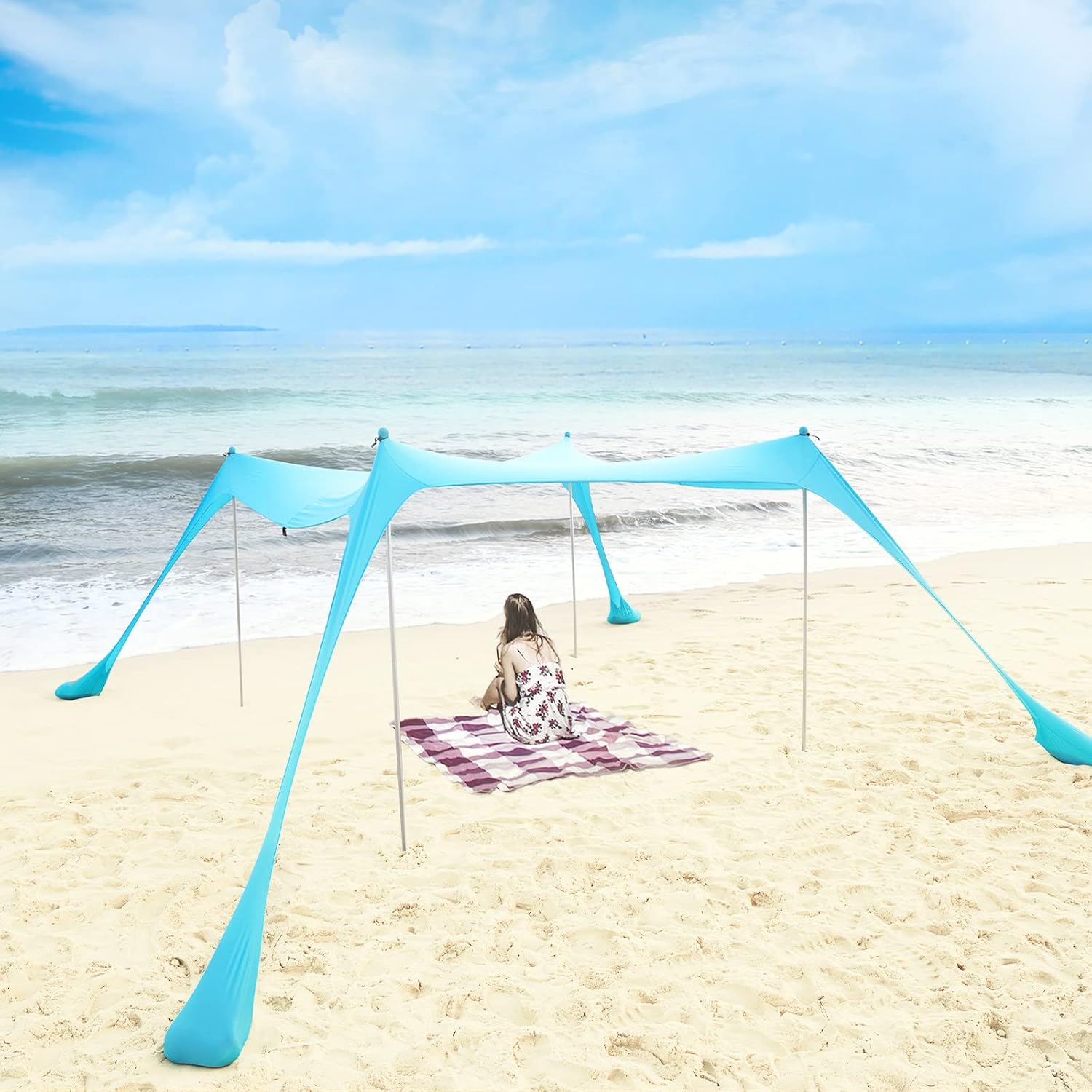 OUTFINE Pop Up Beach Tent Sun Shade Canopy UPF50+ with Aluminum Poles, Tent Pegs, Sand Shovel, Portable Canopy for Beach, Camping and Outdoors (Blue, 10 x10FT)