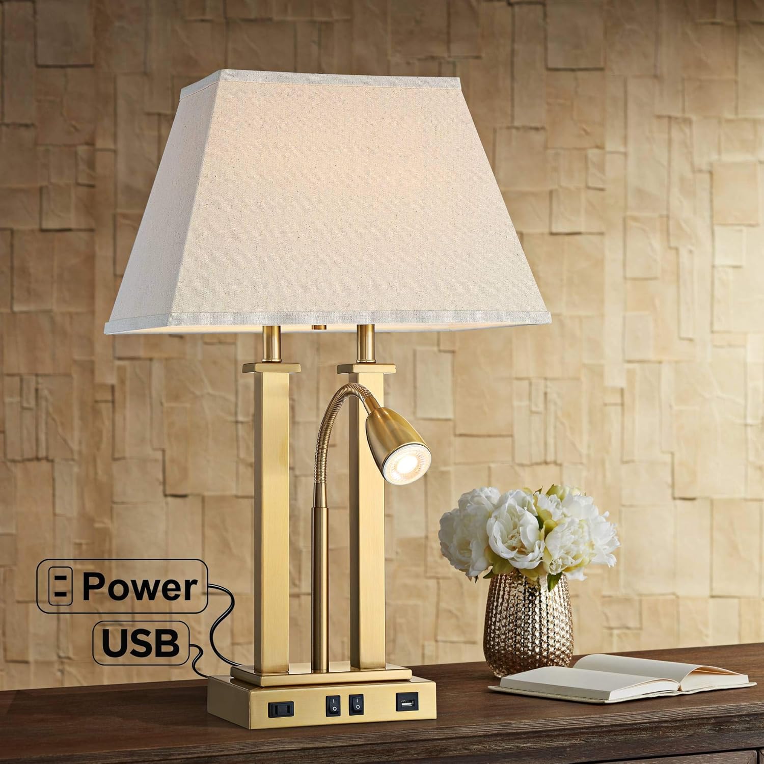 Deacon Modern Desk Table Lamp with USB and AC Power Outlet in Base LED Gooseneck Antique Brass Oatmeal Linen Drum Shade for Living Room Bedroom Bedside Nightstand Office Family - Possini Euro Design