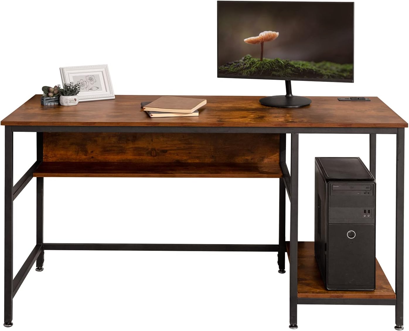 CARRVAS Computer Desk, 47 Inch Rustic Industrial Desk with Storage Shelves, Study Table with Power Outlets, Sturdy Wooden Metal Frame Study Writing Desk for Home Office, Black