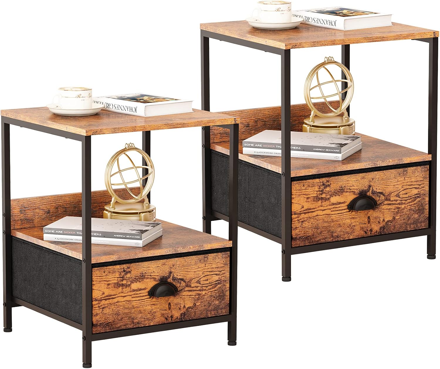 Furologee Set of 2 Nightstand with Drawer, End Table with Storage Shelf, Industrial Side Sofa Table, Bedside Accent Furniture Metal Frame Easy Assembly for Living Room/Bedroom/Halway, Rustic Brown