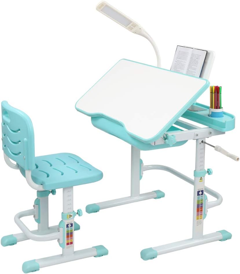 80CM Hand-cranked Lifting Top Can Tilt Children Learning Table and Chair Blue-Green (with Reading Stand USB Interface Desk Lamp)