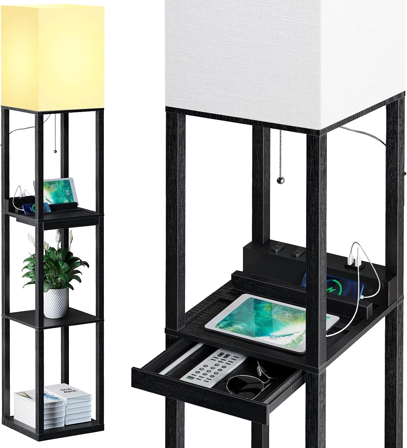 SUNMORY Floor Lamp with Shelves,Modern Dimmable Solid Wood Standing Lamp Both with 1 Drawer and 2 USB Ports & 1 Power Outlet,Corner Tall Bookshelf Lamp for Living Room and Bedroom(Black)