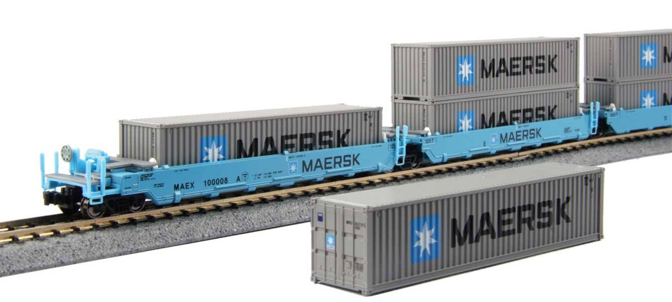 Kato - Gunderson MAXI-I 5-Unit Double-Stack Well Car - 40& Containers - Ready to Run - Maersk 100029 (Blue, 10 Maersk Containers