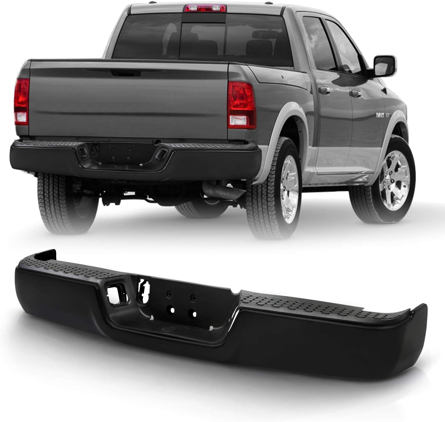 AKKON - Chrome Rear Bumper Black Step Pad Fits 2009-2018 Dodge Ram 1500 10-12 2500 3500 without Dual Exhaust w/o Sensor Holes