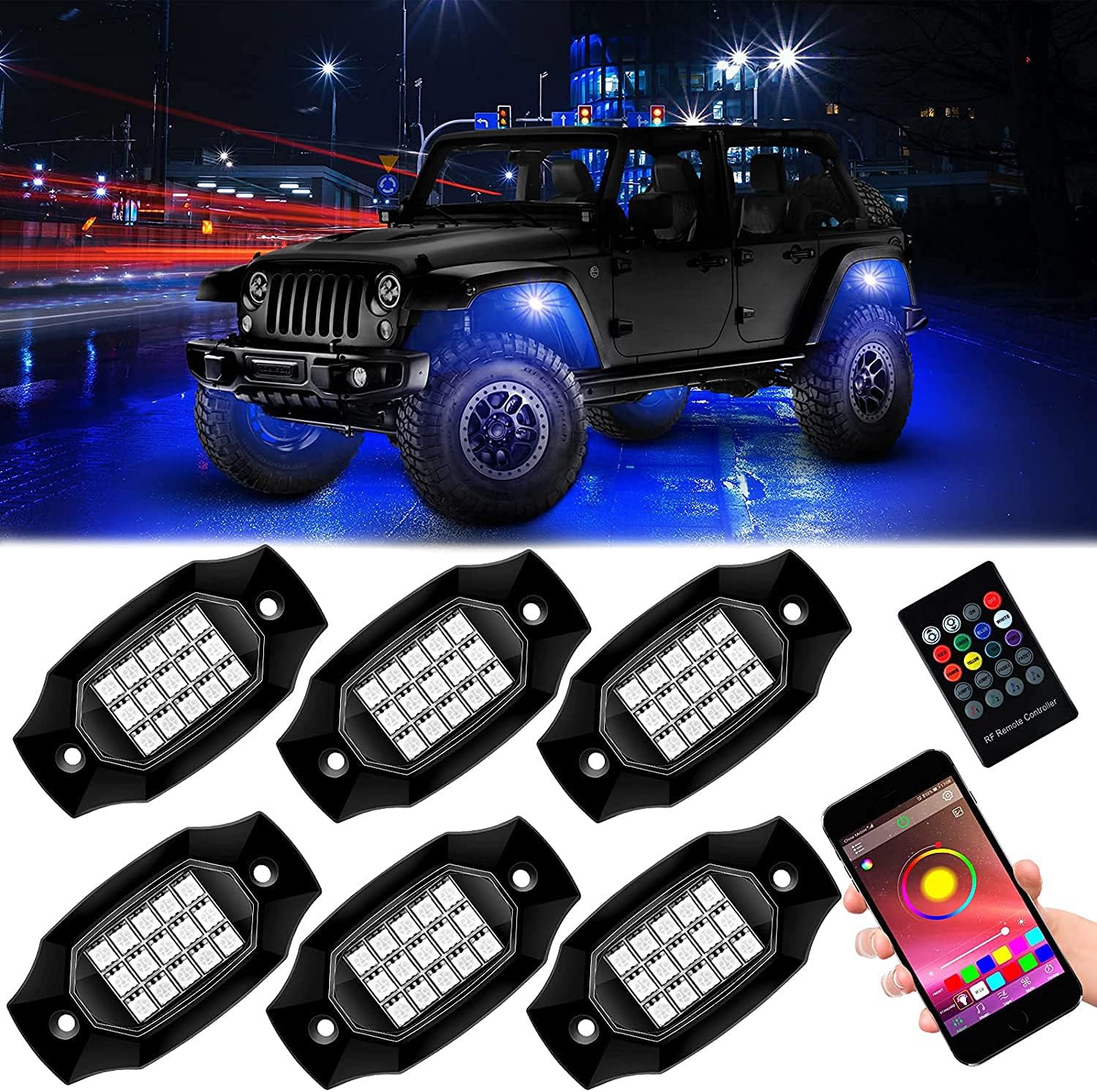 SINOSPARK Car Underglow Rock Lights RGBW Neon Accent Lights Kit APP RF Remote Control Music Sync Waterproof Offroad Under Car LED Lights Car LED Wheel Lights for Truck Jeep 6 Pods