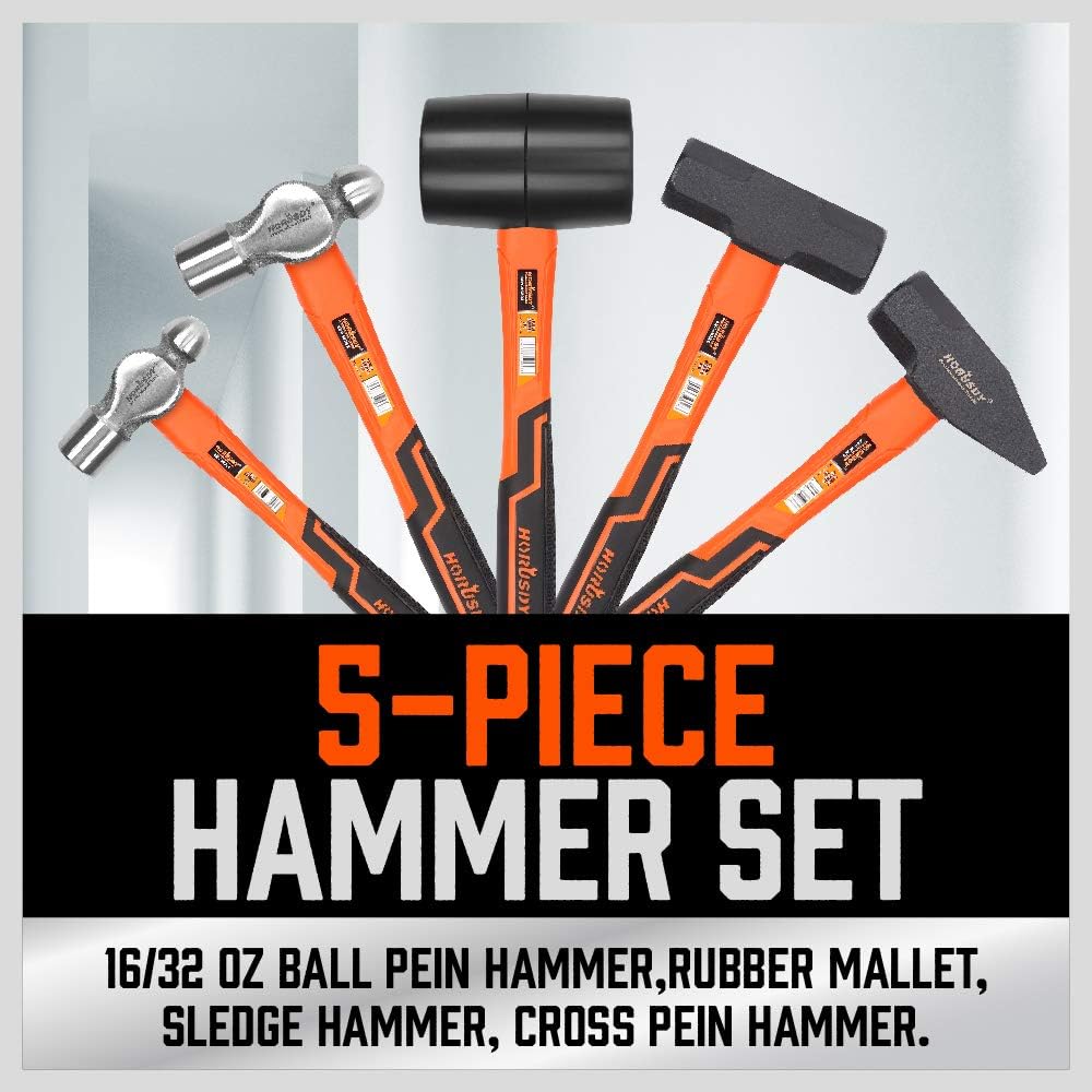 HORUSDY 5-Piece Hammer Set, 16oz Ball Pain Hammer | 32oz Ball Pain Hammer | 32oz Rubber Mallet | 3lb Sledge Hammer | 3lbCross Pain Hammer Pack of 2