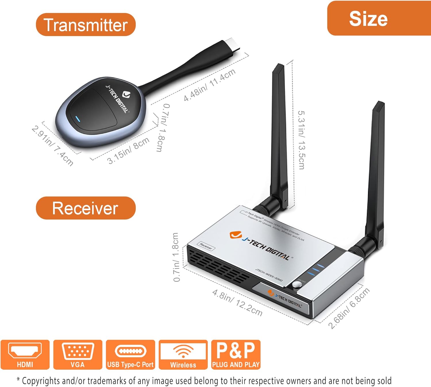 J-Tech Digital HDMI Wireless Extender Dongle Adapter Kit 1080p 98 Feet w/ Airplay, Smart View, Miracast & 4K Upscale [JTECH-WDEX-50M2]