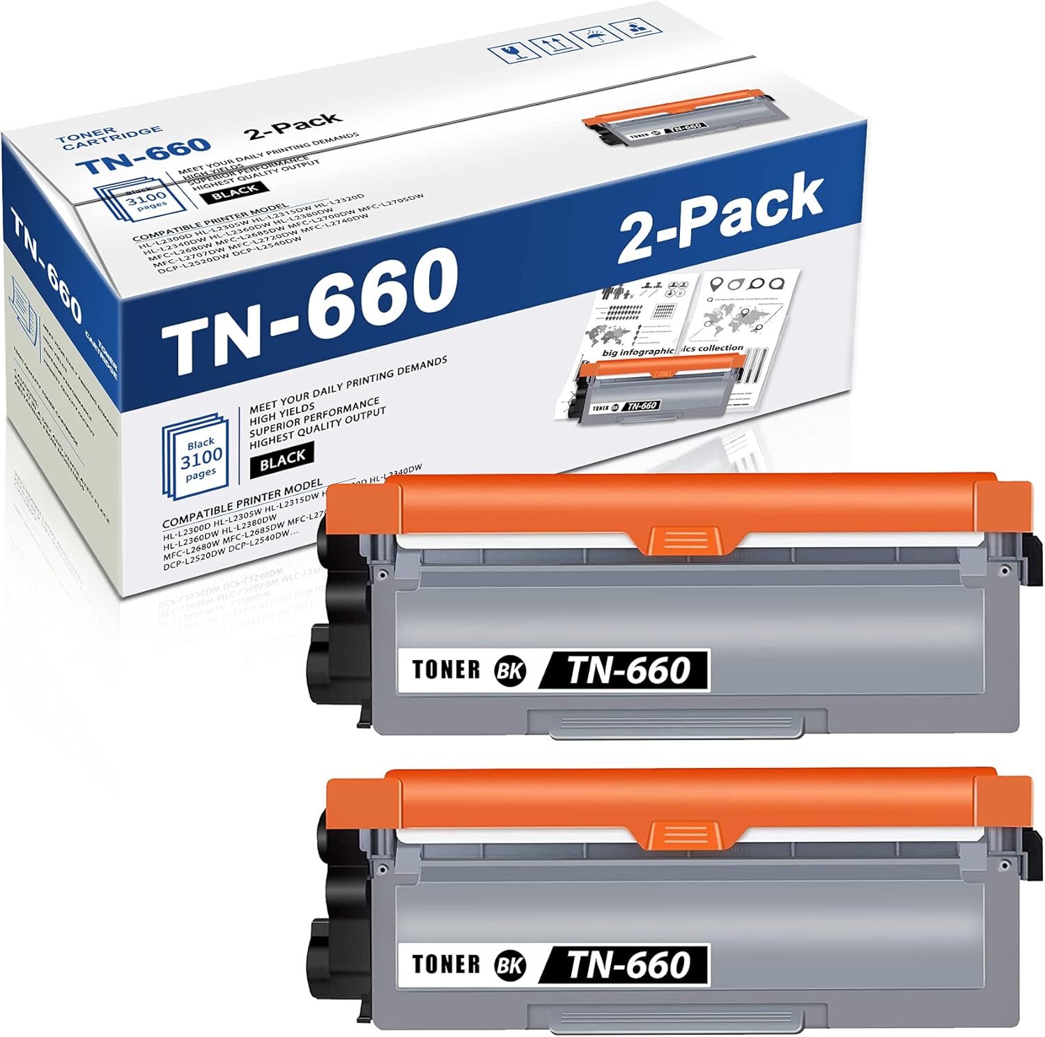 2 Pack Black TN-660 Toner Compatible High Yield TN660 Toner Cartridge Replacement for Brother HL- L2315DW L2320D DCP-L2520DW L2540DW MFC-L2700DW L2705DW L2707DW Printer