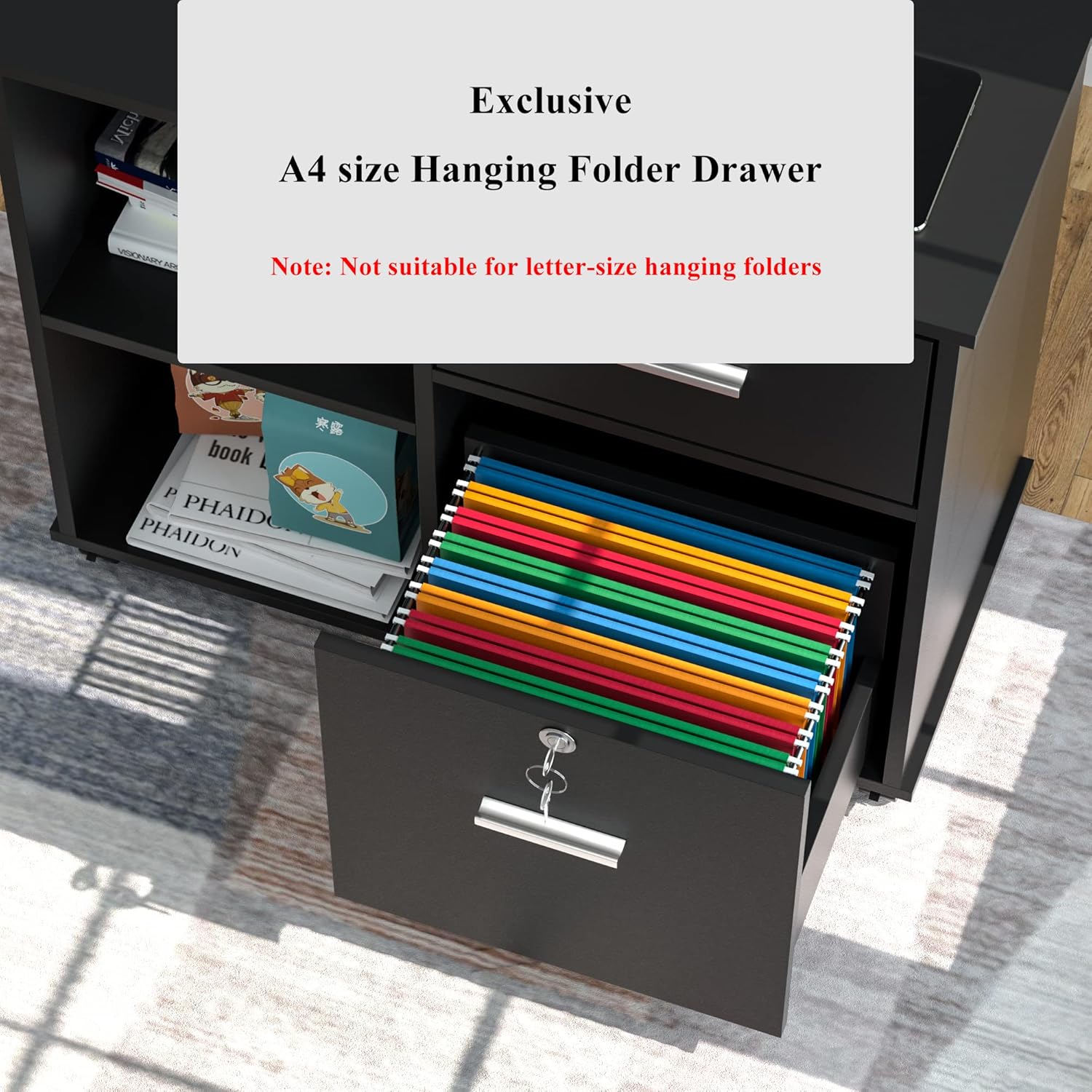 Office File Cabinet with Two Drawers and Lock, Wood Lateral Filing Cabinet, Rolling Printer Stand with Open Shelves for Home Office, Accommodate A4-Size Hanging File Folders, Black Pack of 2