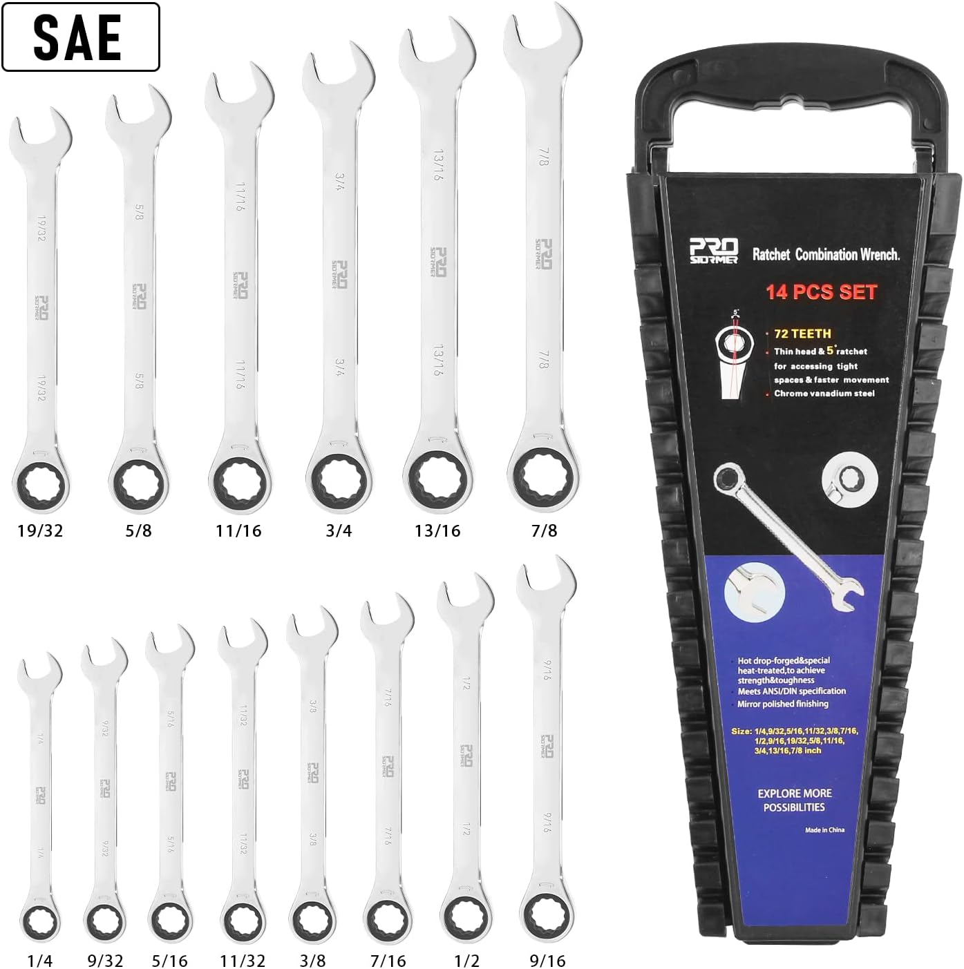 PROSOTRMER 14-Piece Ratcheting Wrench Set , SAE 1/4”-7/8” , Chrome Vanadium Steel Combination Wrench set with Wrench Rack… Pack of 2