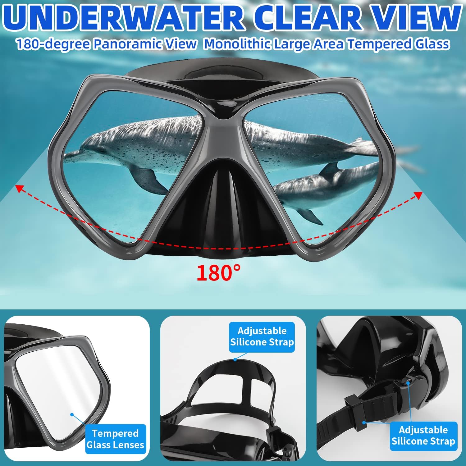 Snorkeling Set with Fins Mask, Dry Top Snorkel, Adjustable Dive Flippers Kit - Panoramic View Anti-Fog Diving Mask for Snorkeling Swimming Freediving Kids, Juniors, Age 5-14 - Grey/S Pack of 2