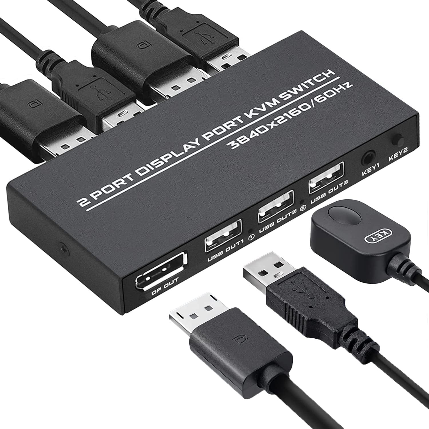 KVM Switch DisplayPort 2 Port, DP KVM Switch, Two Computers One Monitor Switch to Share Mouse, Keyboard, Printer, USB Ports and Ultra HD Monitor, Support 4K@60Hz, 2 DP Cable and 2 USB Cable Included Pack of 2