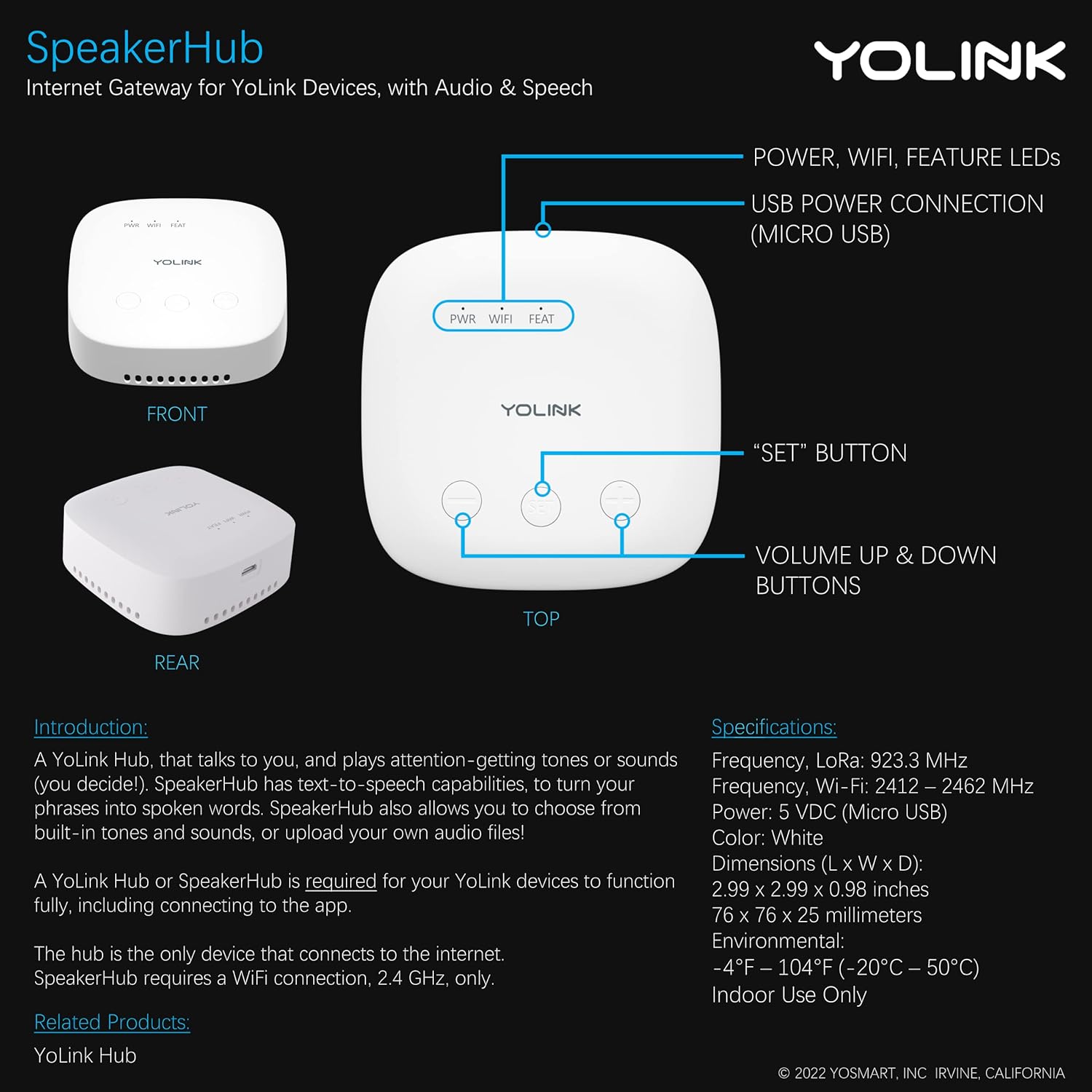 YoLink SpeakerHub & Two Water Leak Sensors Smart Home Starter Kit – Audio Hub Plays Tones/Sounds, Spoken Messages, LoRa-Powered ¼ Mile Range, Compatible with Alexa, Google, IFTTT, WiFi Required Pack of 2