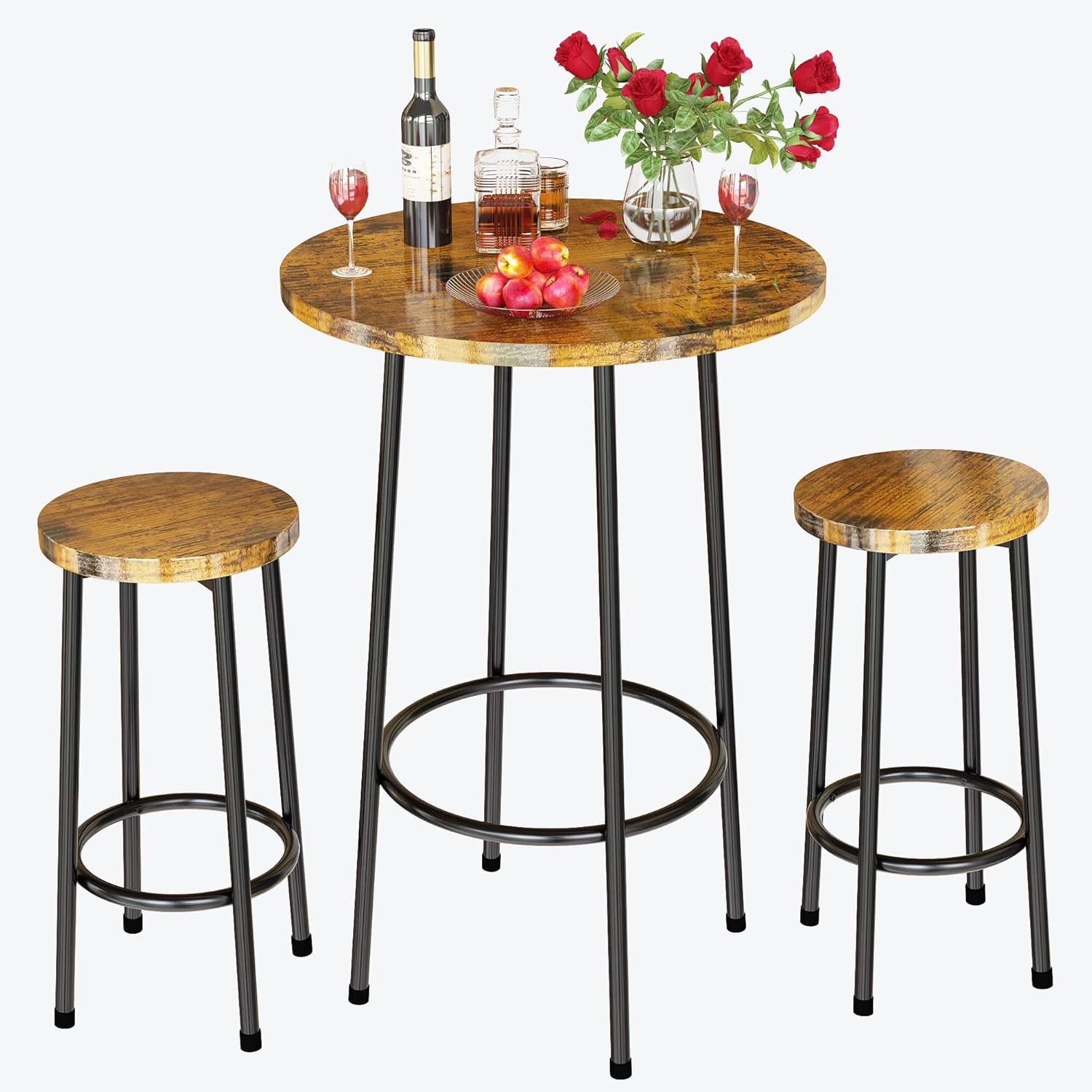 AWQM 3 Piece Pub Dining Set, Modern Round Bar Table with 2 Stools Set, Counter Height Small Kitchen Table Set for 2, Space Saving for Dining, Kitchen, Bistro, Breakfast Nook - Rustic Brown
