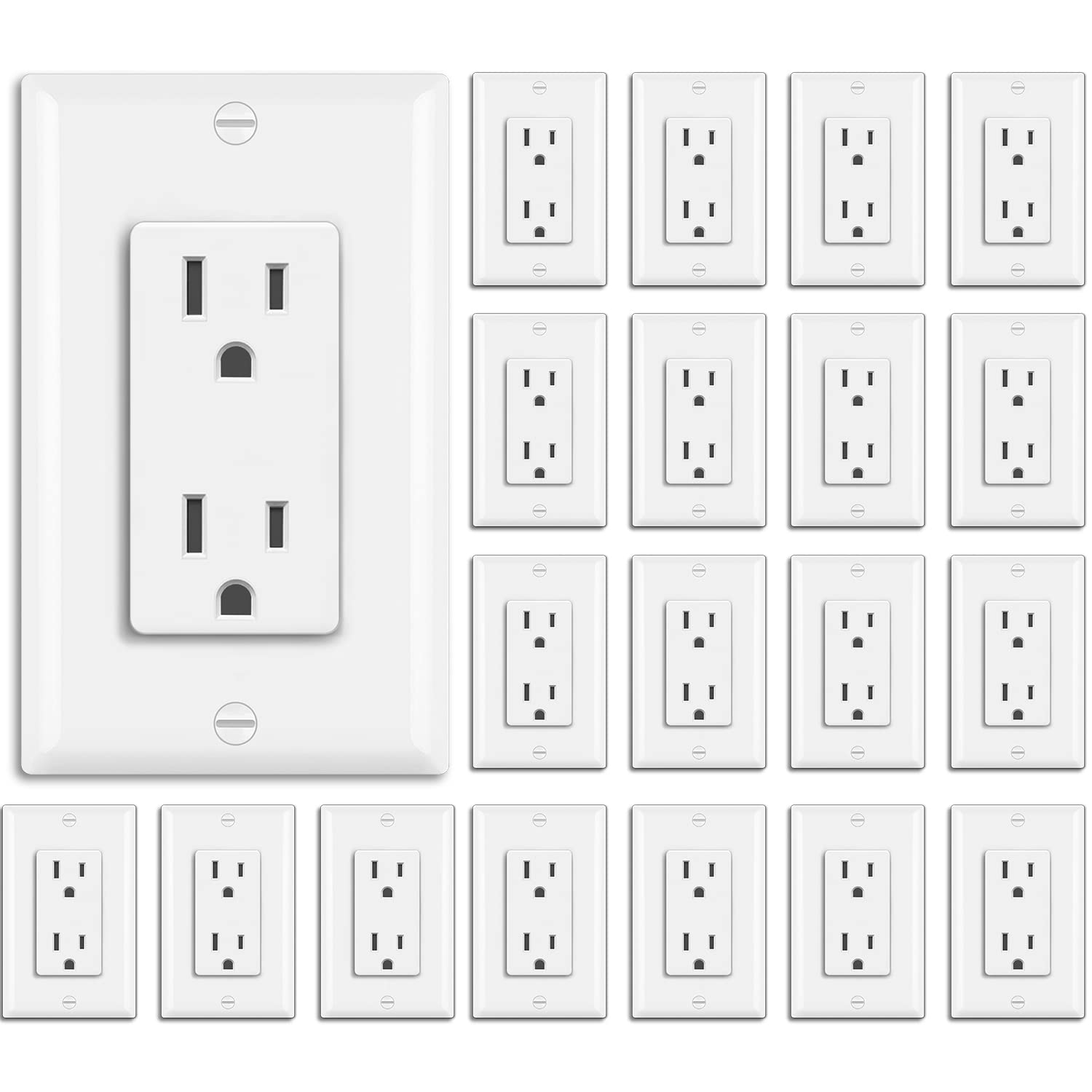 [20 Pack] BESTTEN 15 Amp Decorator Wall Receptacle Outlet, Non-Tamper-Resistant, Wallplate Included, 15A/125V/1875W, UL Listed, White