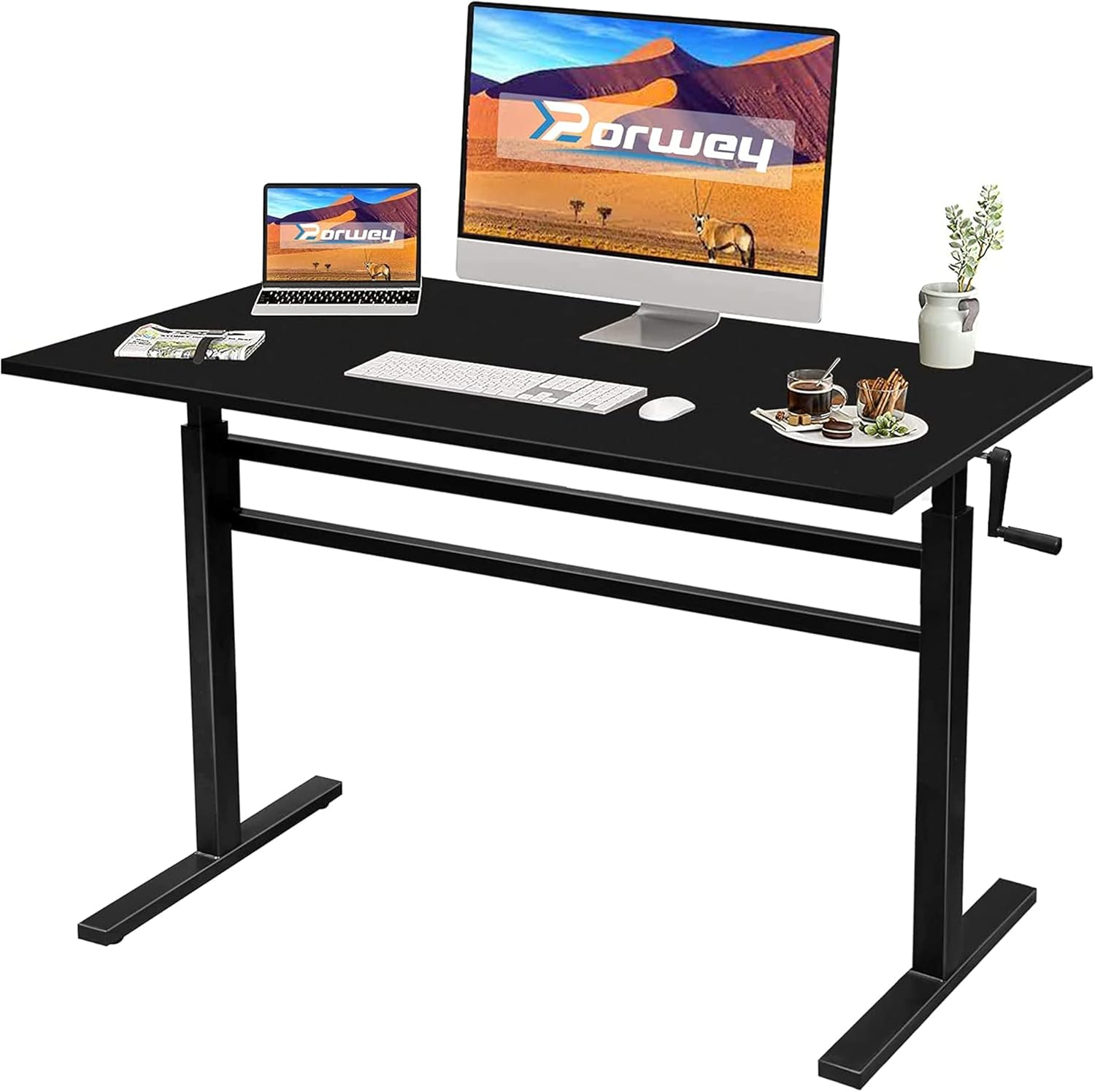 PORWEY Height Adjustable Standing Desk, 48×24 inches Sit Stand Desk with Foldable Crank Handle Ergonomic Computer Table for Home Office (Black)