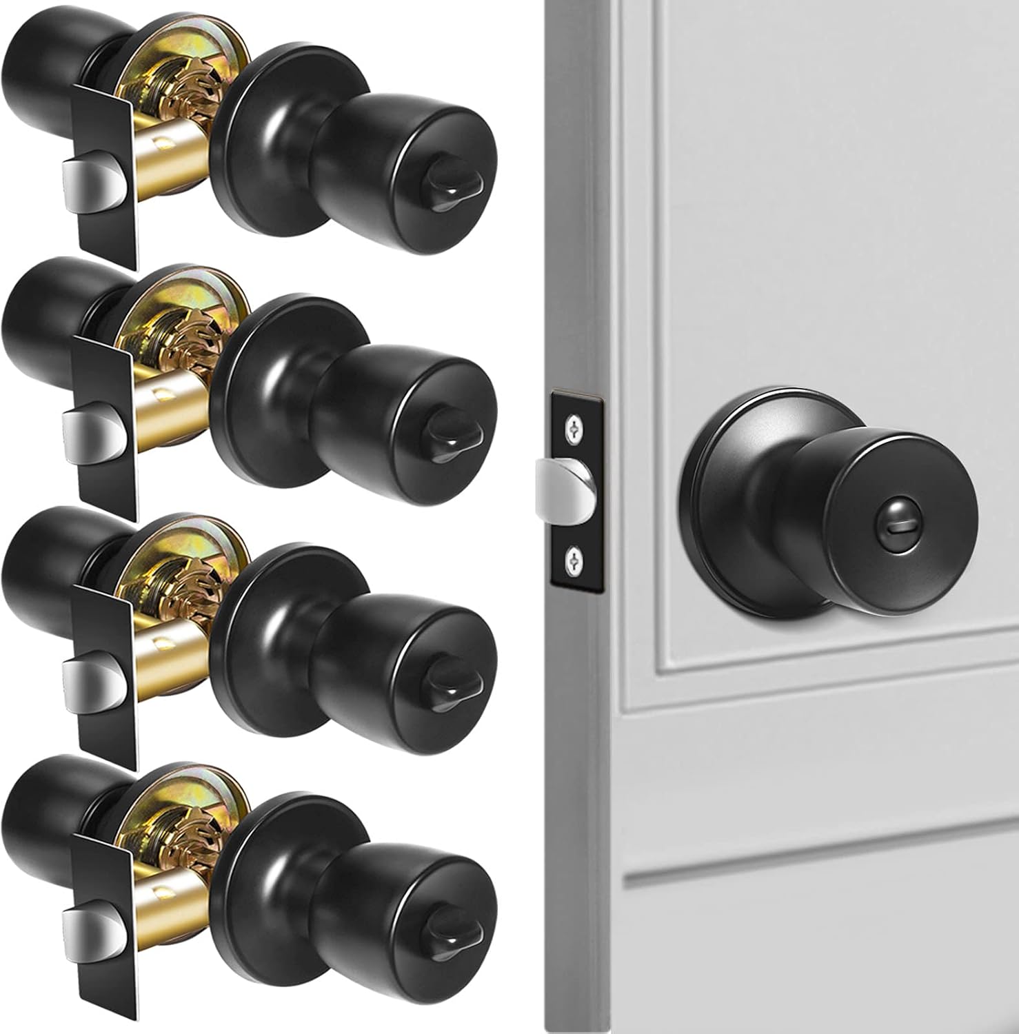 Tanzfrosch 4 Pack Keyless Privacy Door Knobs with 4 Door Stoppers, Interior Matte Black Door Knobs for Bedroom, Bathroom and Passage, Universal for Left and Right Handed Door Pack of 2