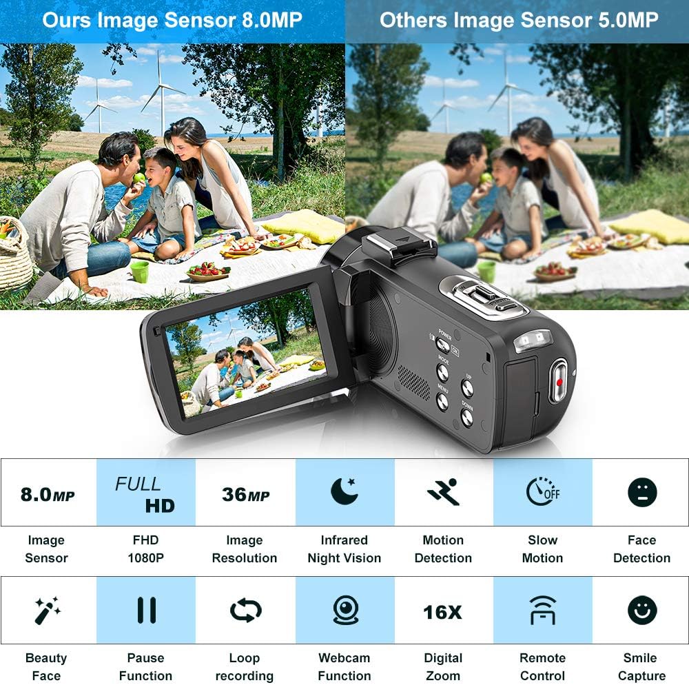 Video Camera Camcorder FHD 1080P 30FPS 36MP IR Night Vision YouTube Vlogging Camera Recorder 3.0'' 270 Degree Rotation IPS Screen 16X Digital Zoom Camcorder with Remote and 2 Batteries Pack of 2