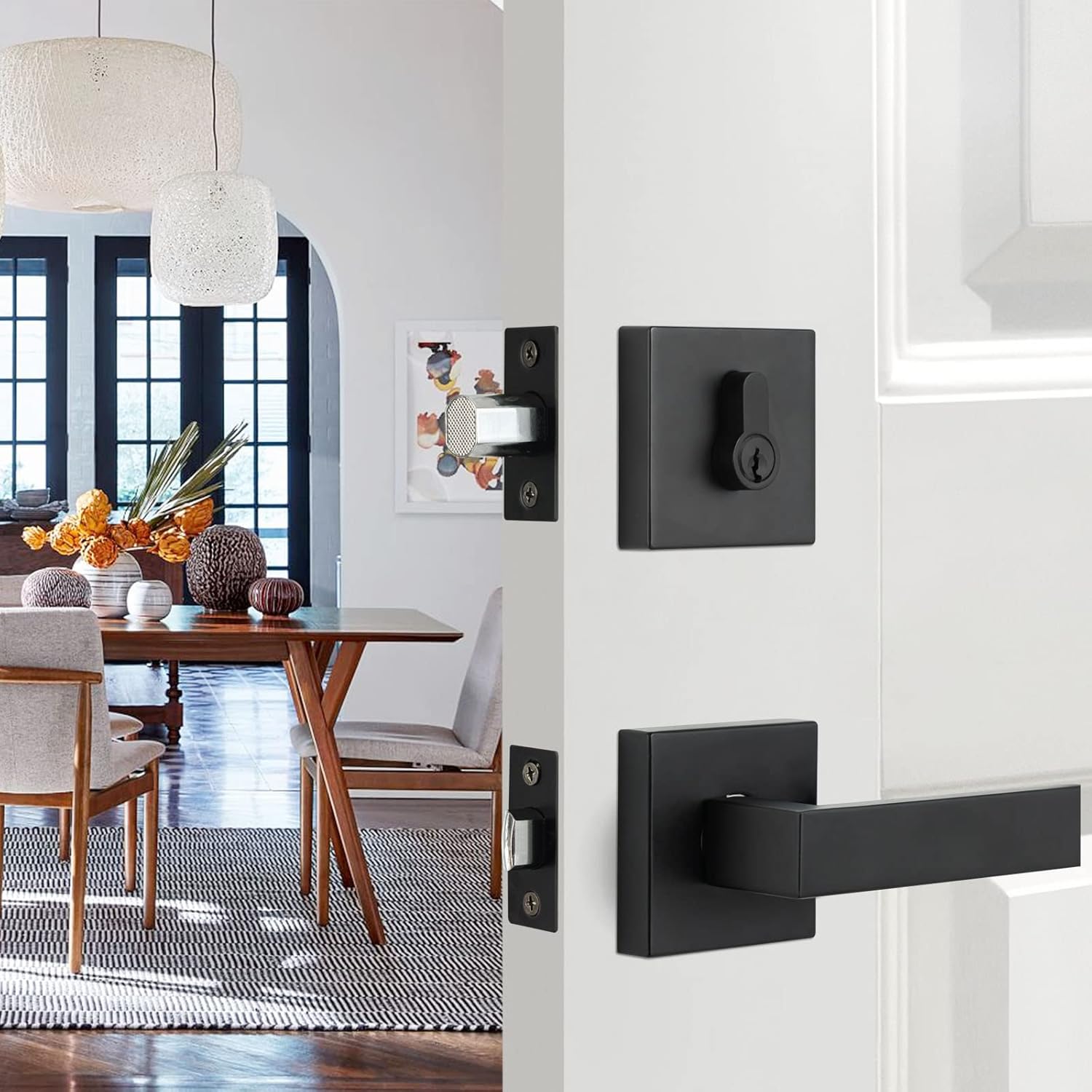 GUA OYH Door Handle Sets Double Front Door Handle Set with Handle Lever Matte Black Double Door Handleset with Dummy Heavy Duty Front Door Lock Set Double Door Handles for Front Door or Office Door