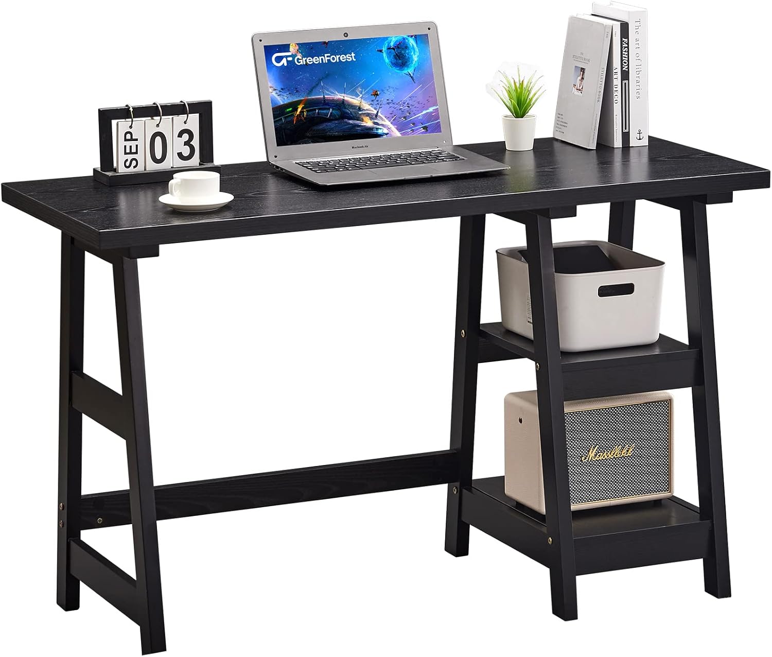 GreenForest Black Wood Desk with Shelves, Computer Desk 47